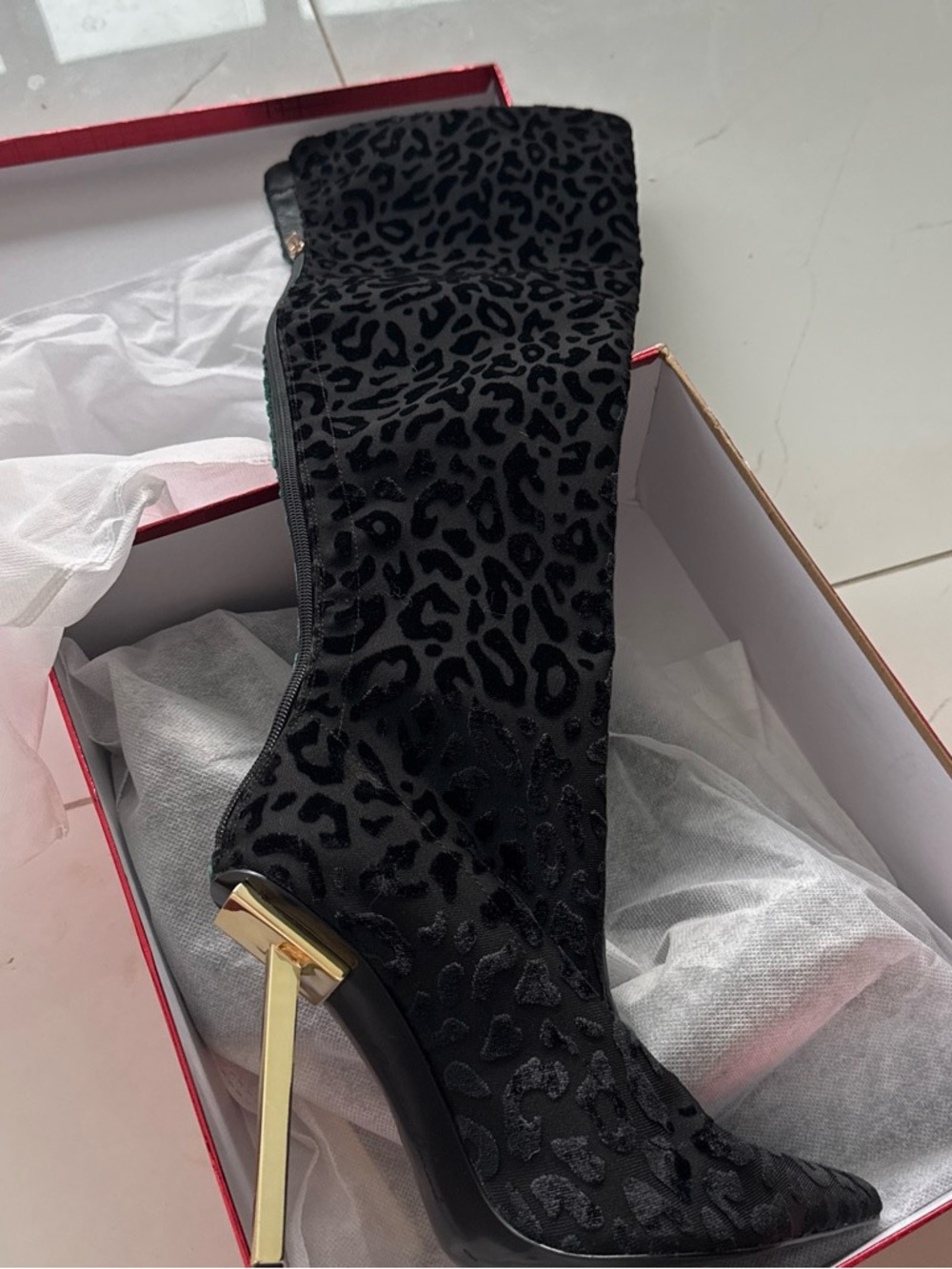 Black & Green two tone Leopard-Print Stiletto Knee Boot with Gold Heel